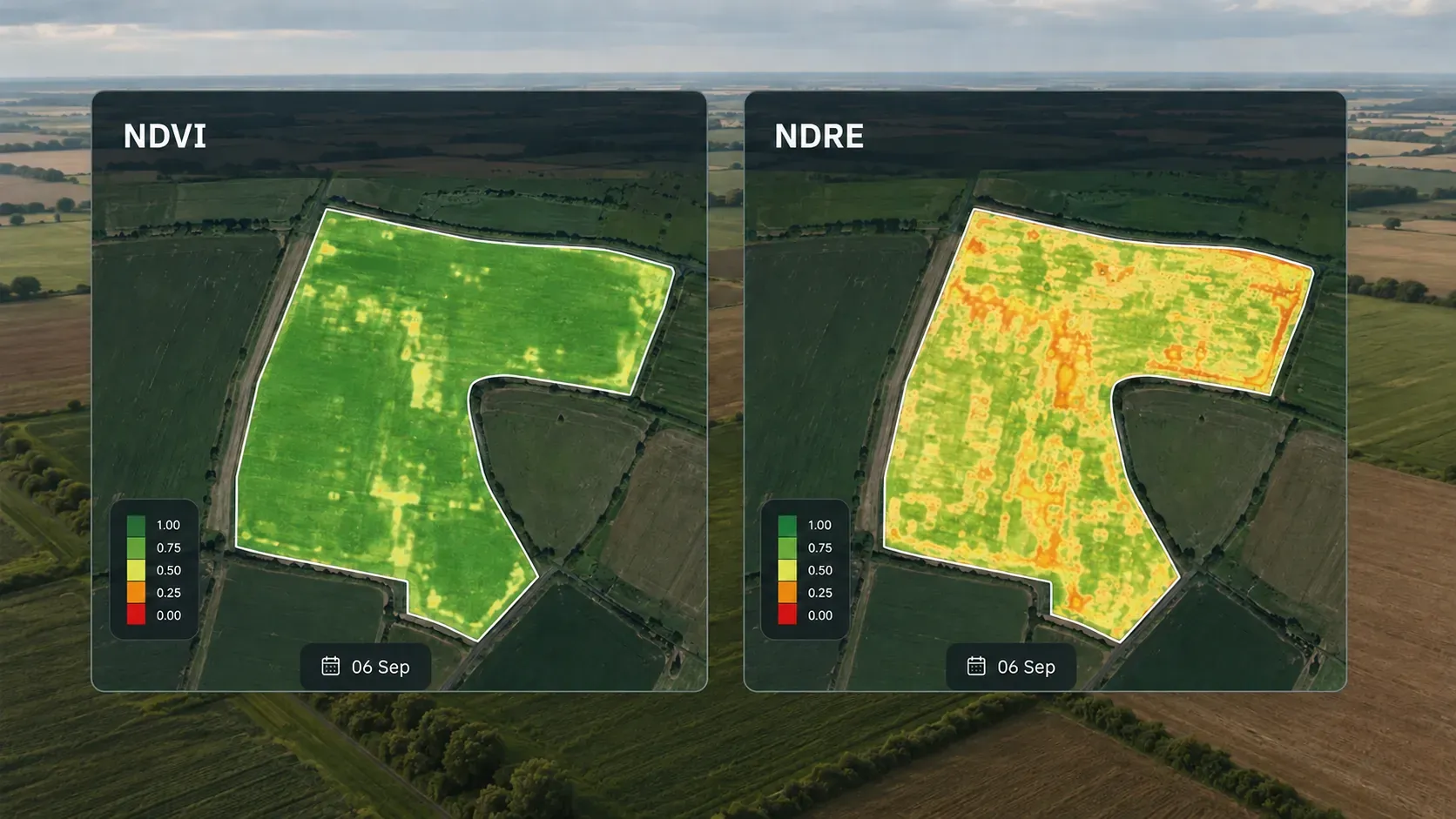 Две индексные карты одного поля рядом — NDVI и NDRE: на карте NDRE различимы зоны, которые на насыщенной карте NDVI выглядят одинаково