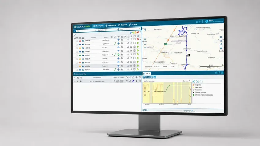 Монитор с картой маршрутов самосвалов в платформе ГЛОНАССSoft