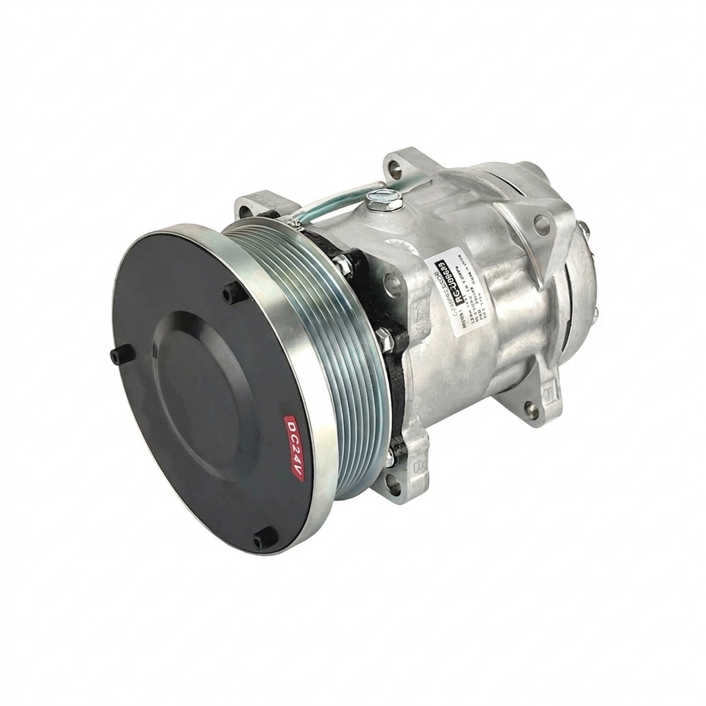 Компрессор кондиционера RC-U08699 (аналог Sanden 7H15, 24V, шкив PV8, фланцевое подключение)