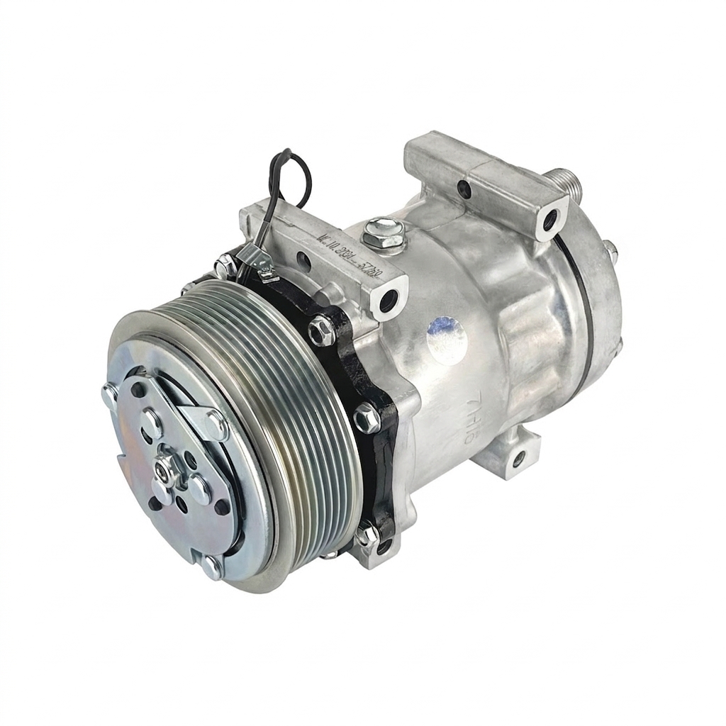 Компрессор кондиционера RC-U08125ЭК (аналог Sanden 7H15, 24V, шкив PV8 119 мм, горизонтальные выходы)