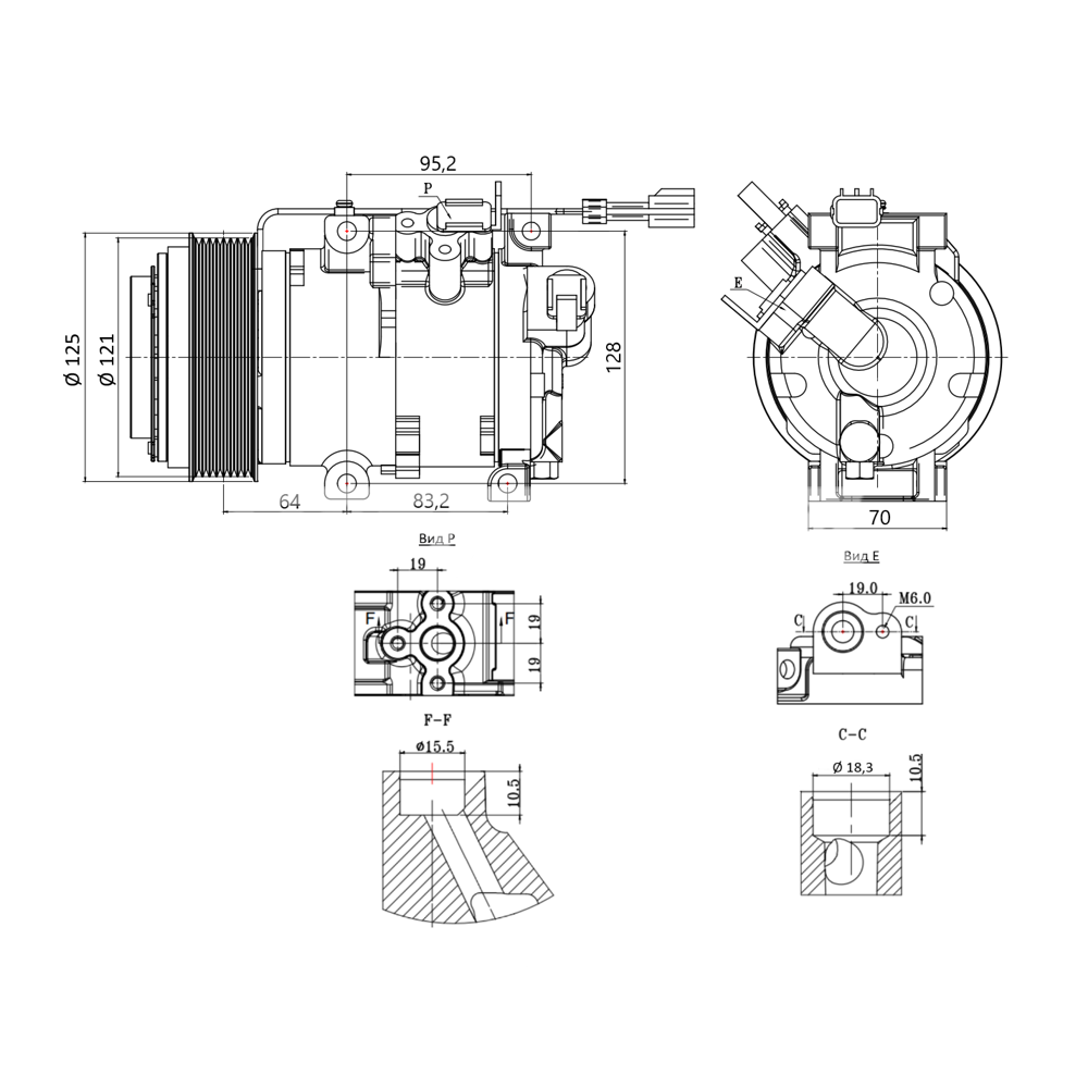 Компрессор кондиционера RC-U08734 (аналог Denso 10SRE18C, 12V, шкив PV8)