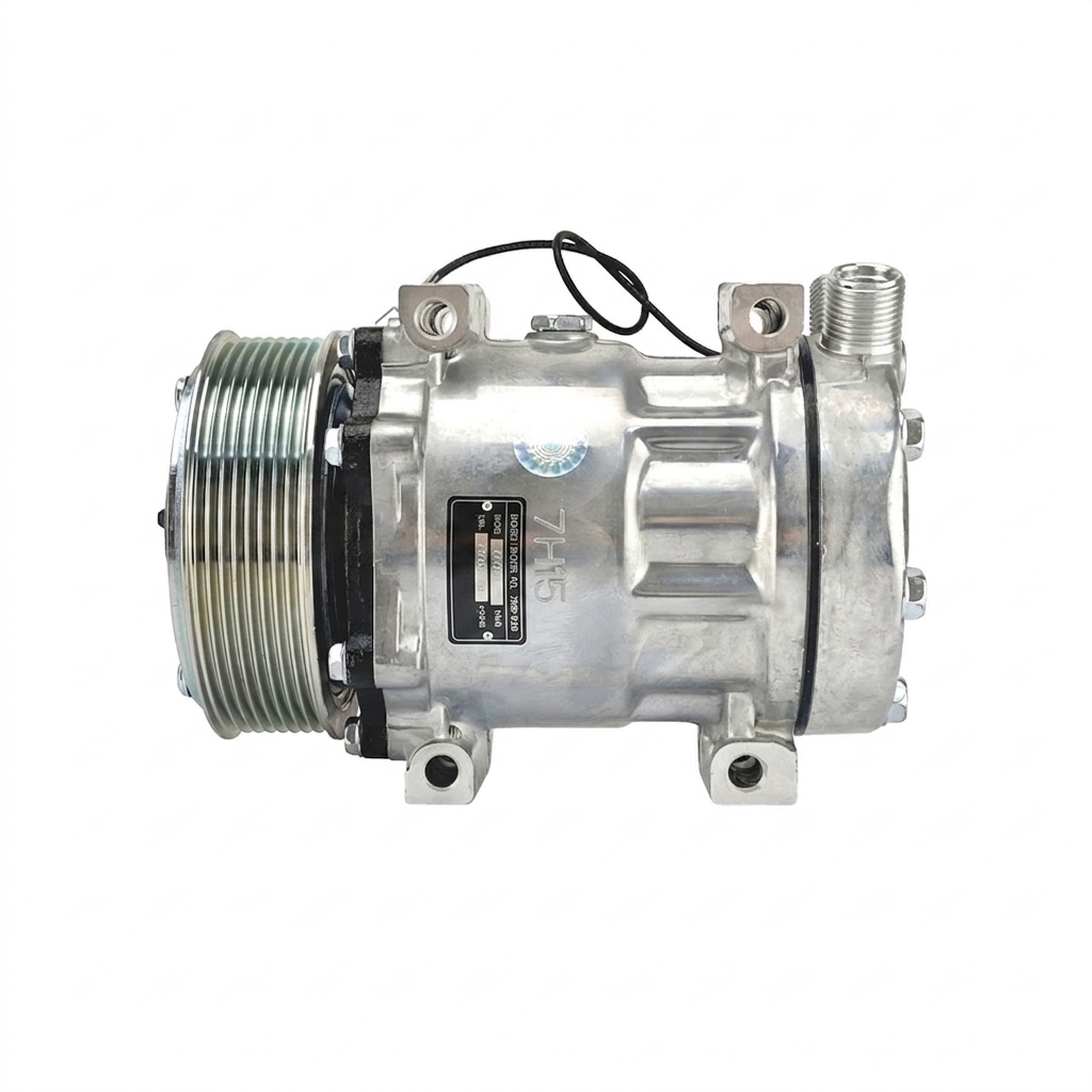 Компрессор кондиционера RC-U08125 (аналог Sanden 7H15, 12V, шкив PV8 119 мм, вертикальные выходы)