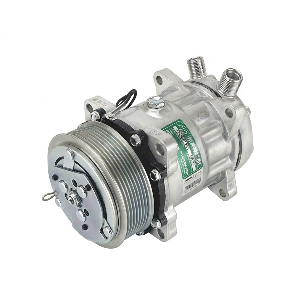 Компрессор кондиционера RC-U0810 (аналог Sanden 7H15, 24V, шкив PV8, вертикальные выходы)