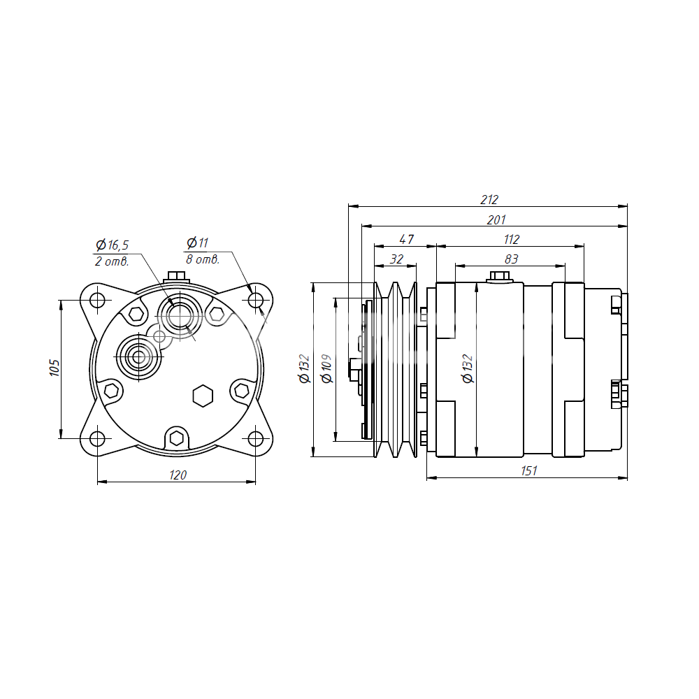Компрессор кондиционера RC-U08591 для Cummins (шкив 2A Ø132 мм, 12V, R134a)