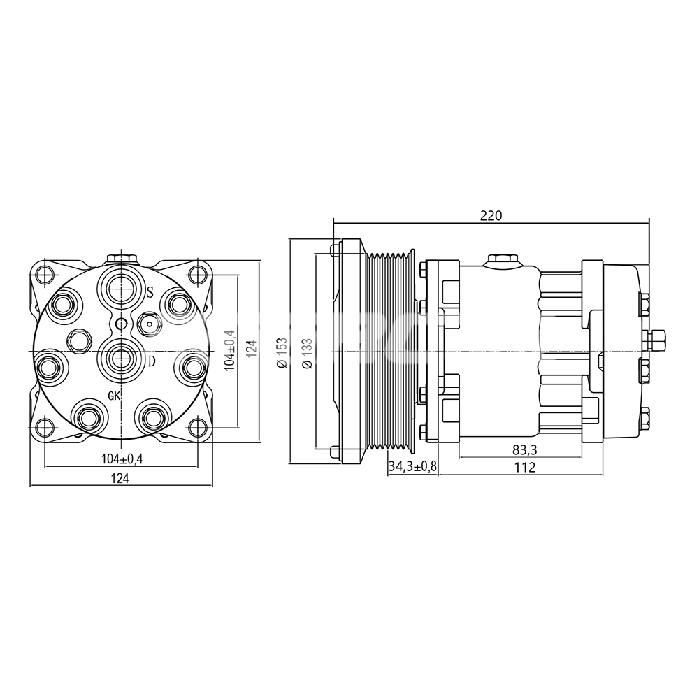 Компрессор кондиционера RC-U08699 (аналог Sanden 7H15, 24V, шкив PV8, фланцевое подключение)