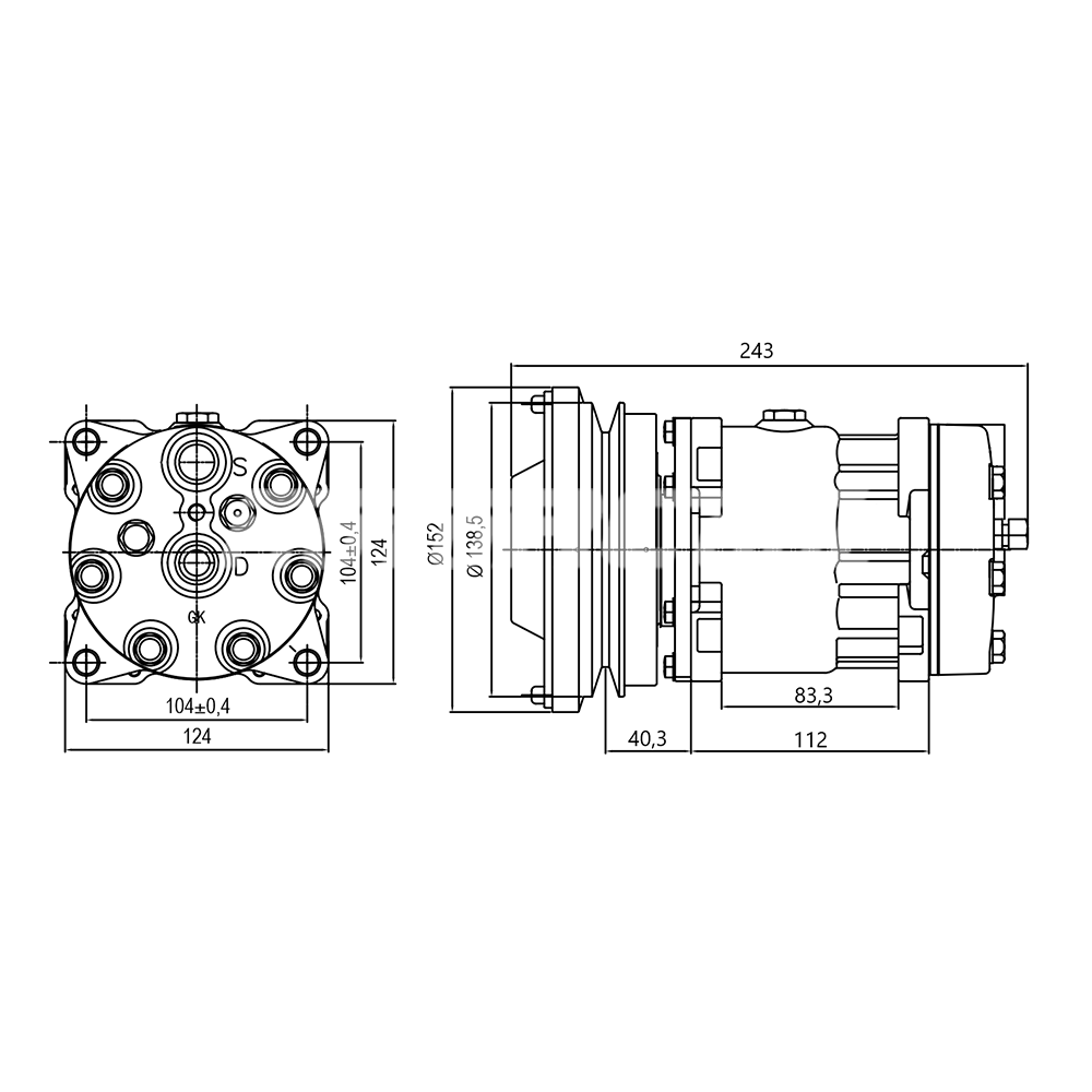 Компрессор кондиционера RC-U08698 (аналог Sanden 7H15, 24V, шкив A1, фланцевое подключение)
