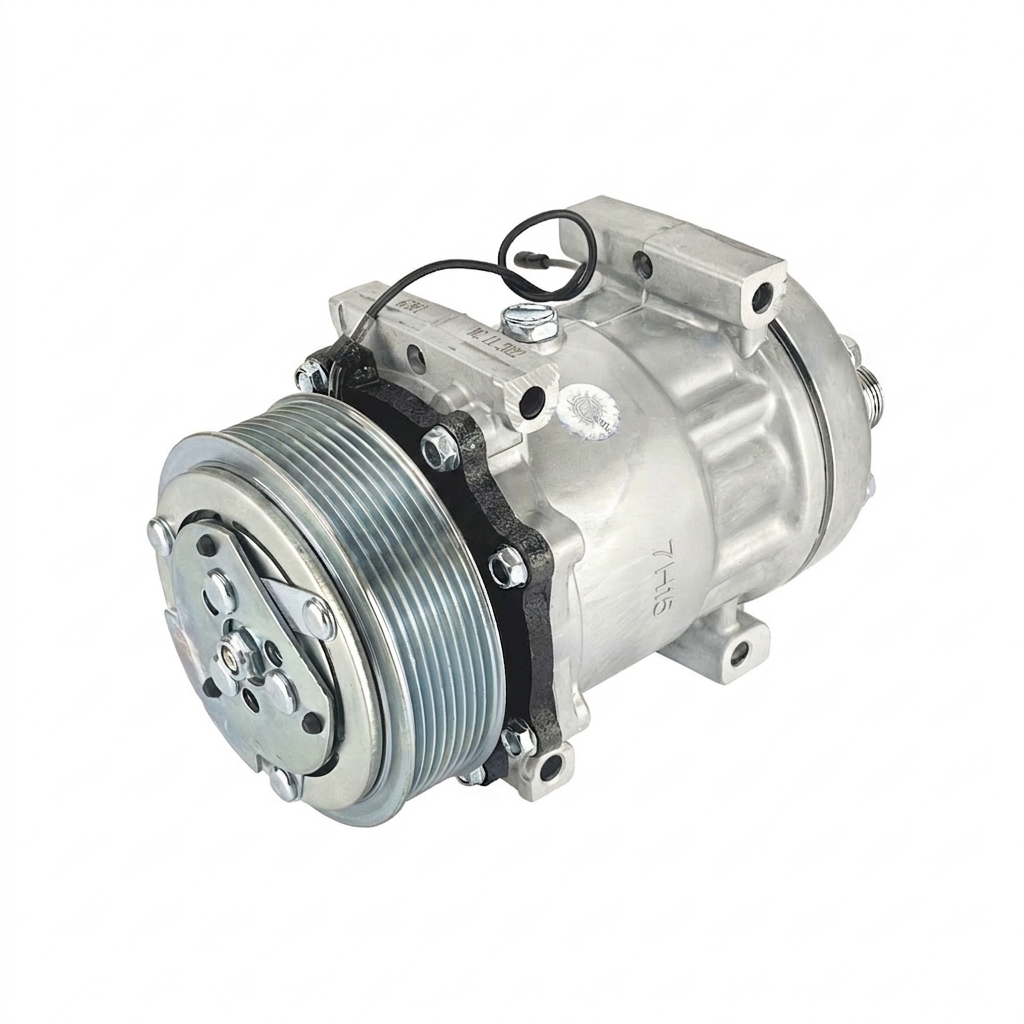Компрессор кондиционера RC-U08125ЭК1 (аналог Sanden 7H15, 24V, шкив PV8 119 мм, горизонтальные выходы 1"-14UNS)