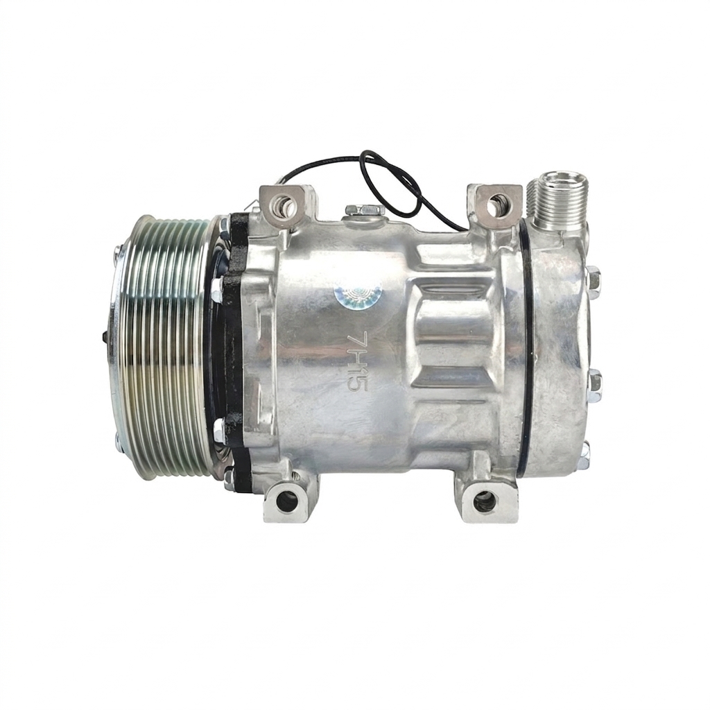 Компрессор кондиционера RC-U08125Э (аналог Sanden 7H15, 24V, шкив PV8 119 мм, вертикальные выходы)
