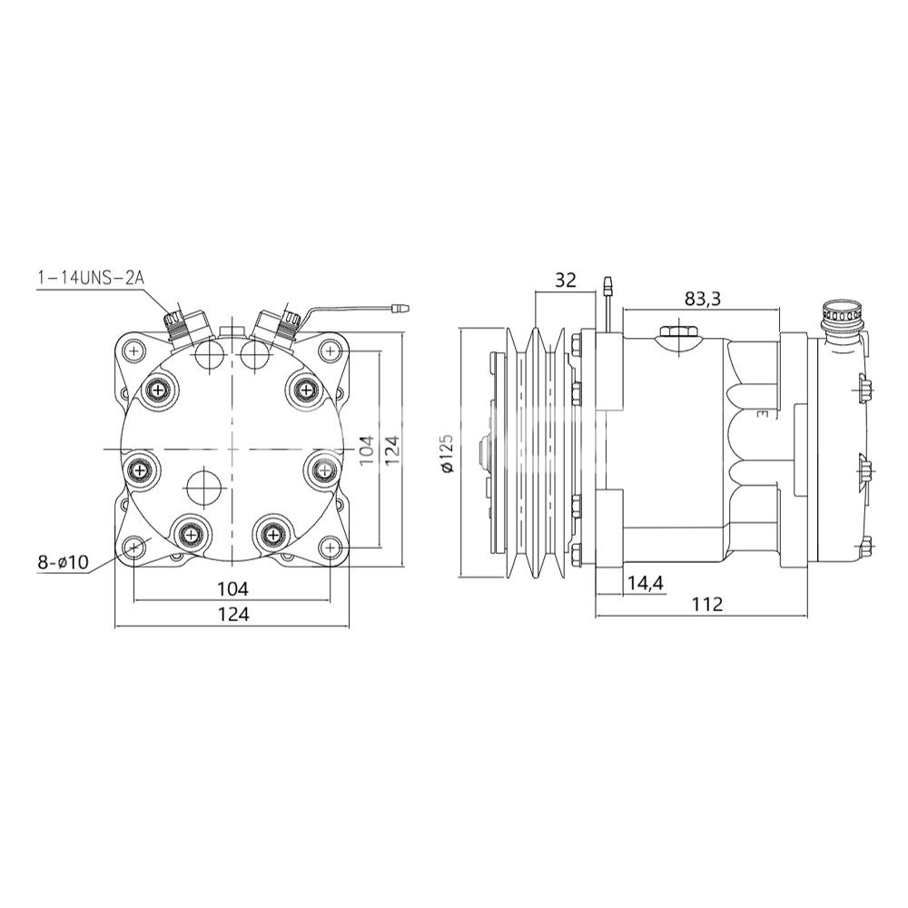 Компрессор кондиционера RC-U0812К1 (аналог Sanden 7H15, 24V, шкив A2, вертикальные выходы 1"-14UNS)