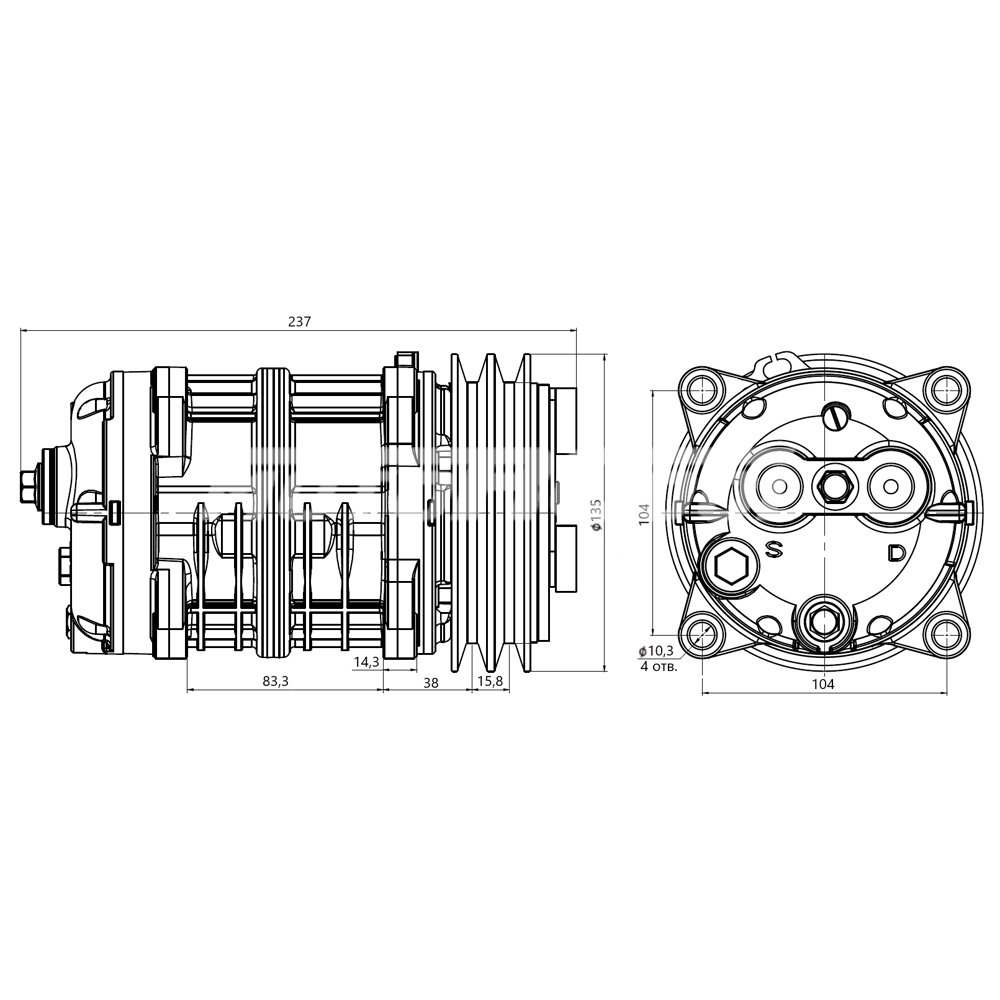 Компрессор кондиционера RC-U08662 (аналог Valeo TM-15, 12V, шкив A2)