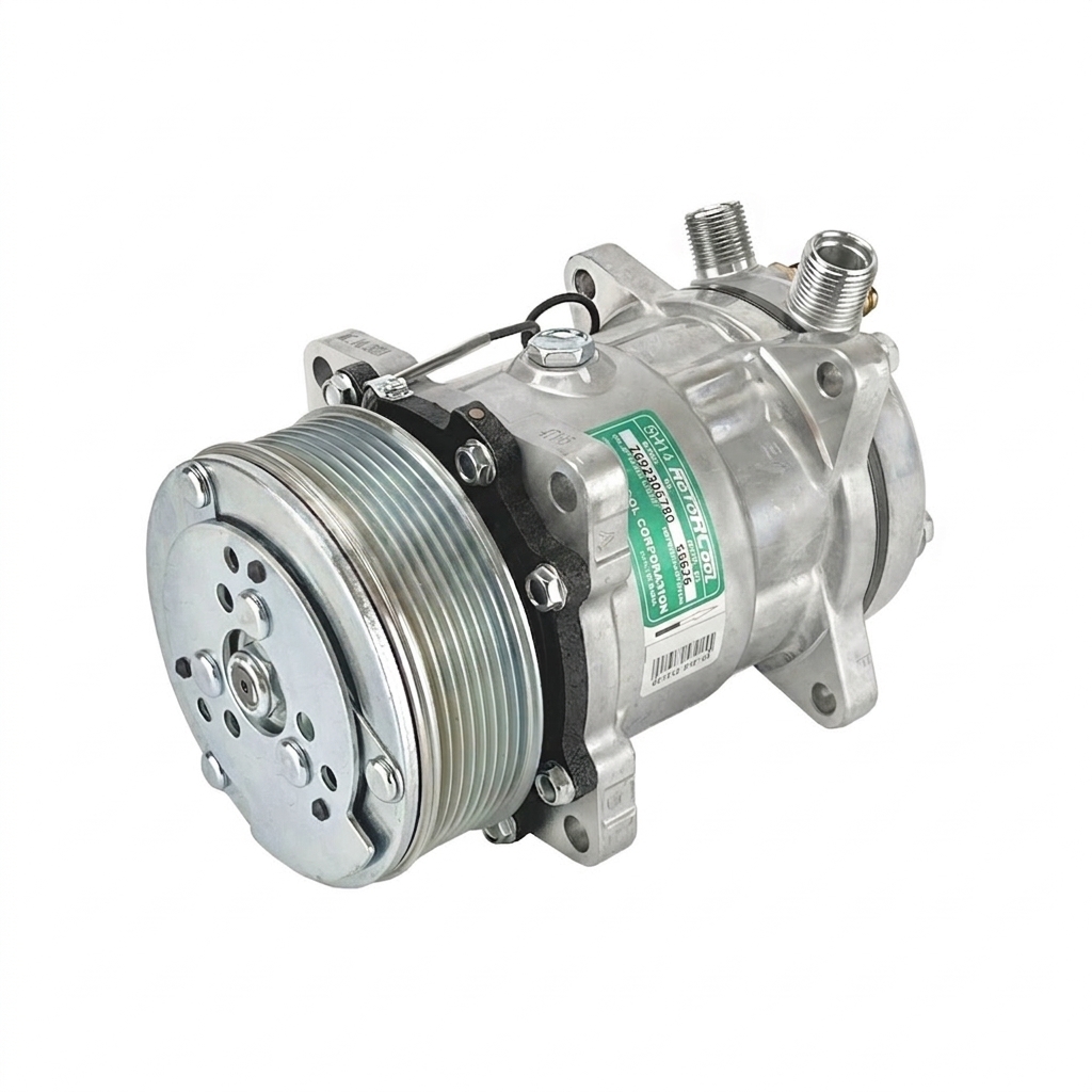 Компрессор кондиционера RC-U08082Ш (аналог Sanden 5H14, 24V, шкив PV8, вертикальные выходы)