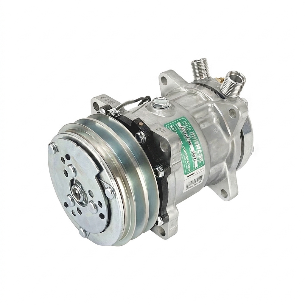 Компрессор кондиционера RC-U08082 (аналог Sanden 5H14, 24V, шкив A2, вертикальные выходы)