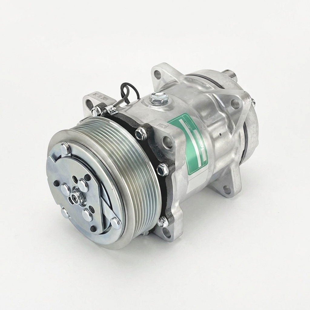 Компрессор кондиционера RC-U0827 (аналог Sanden 7H15, 12V, шкив PV8, выходы горизонтальные)