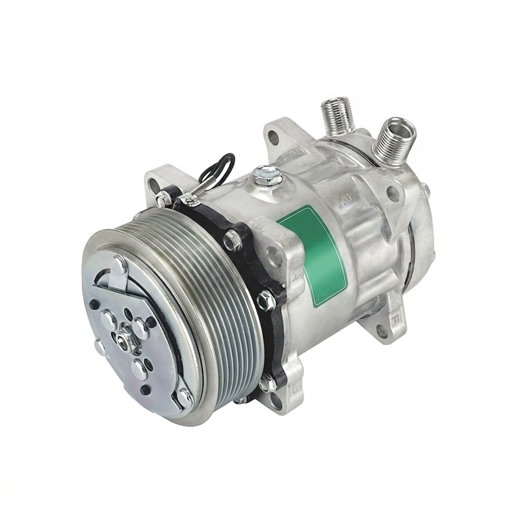 Компрессор кондиционера RC-U0809 (аналог Sanden 7H15, 12V, шкив PV8, выходы вертикальные)