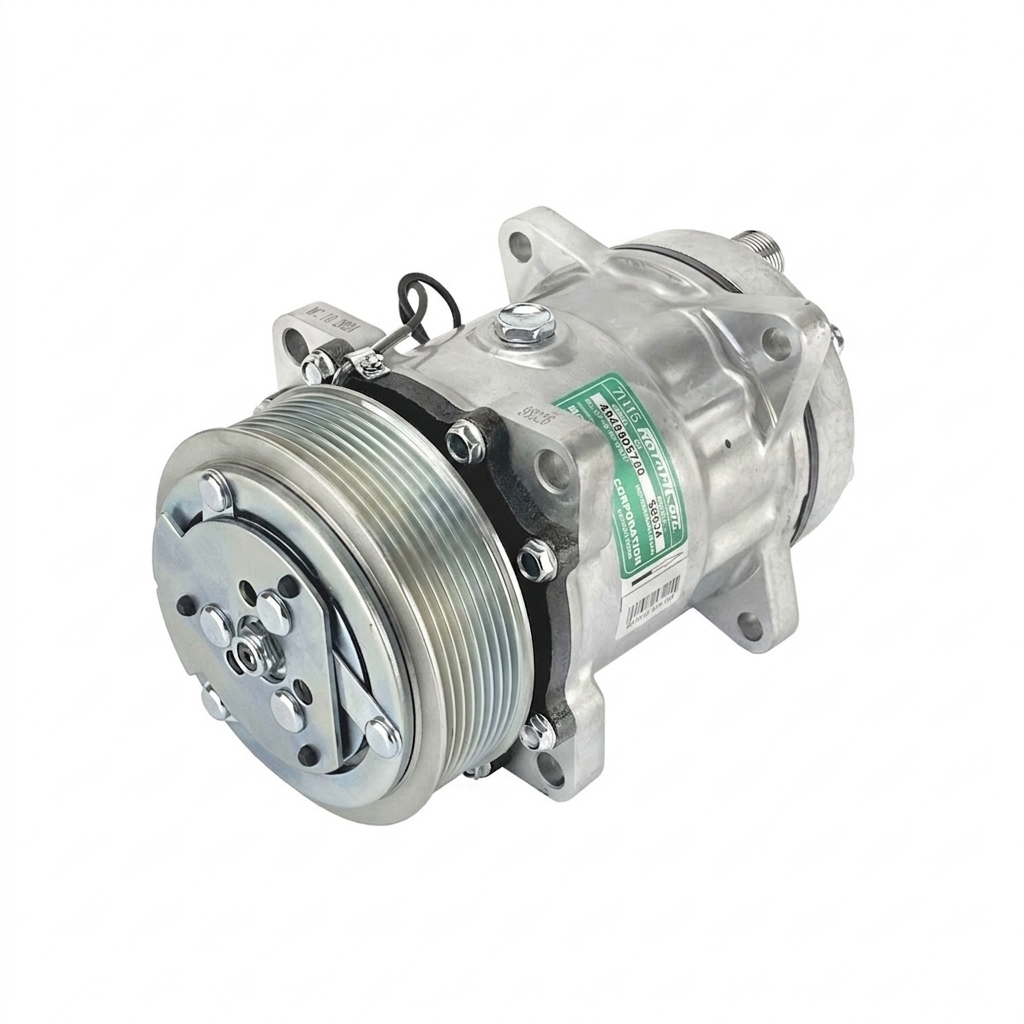 Компрессор кондиционера RC-U0828 (аналог Sanden 7H15, 24V, шкив PV8, горизонтальные выходы)