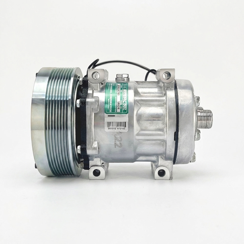 Компрессор кондиционера RC-U08083Ш1 (аналог Sanden 7H15, 12V, шкив PV8, горизонтальные выходы 1"-14UNF)